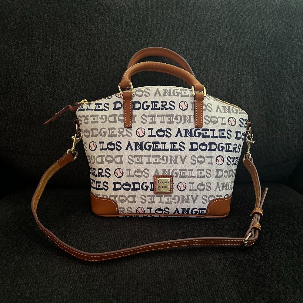 Dooney & Bourke Dodgers Charli Satchel. White, blue, grey. Brown accents. NWT
